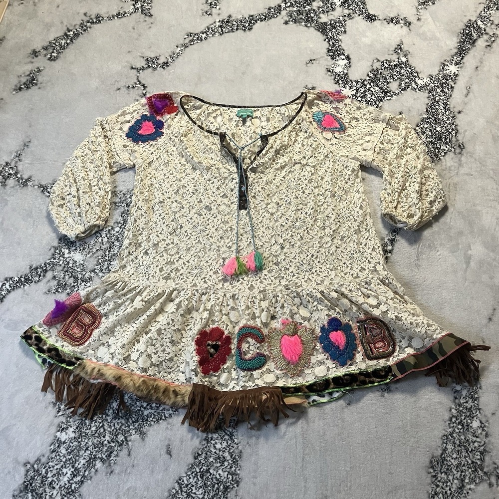 Antica Sartoria Womens One Size Boho Lace Tunic Mini Dress Embroidered Fringe